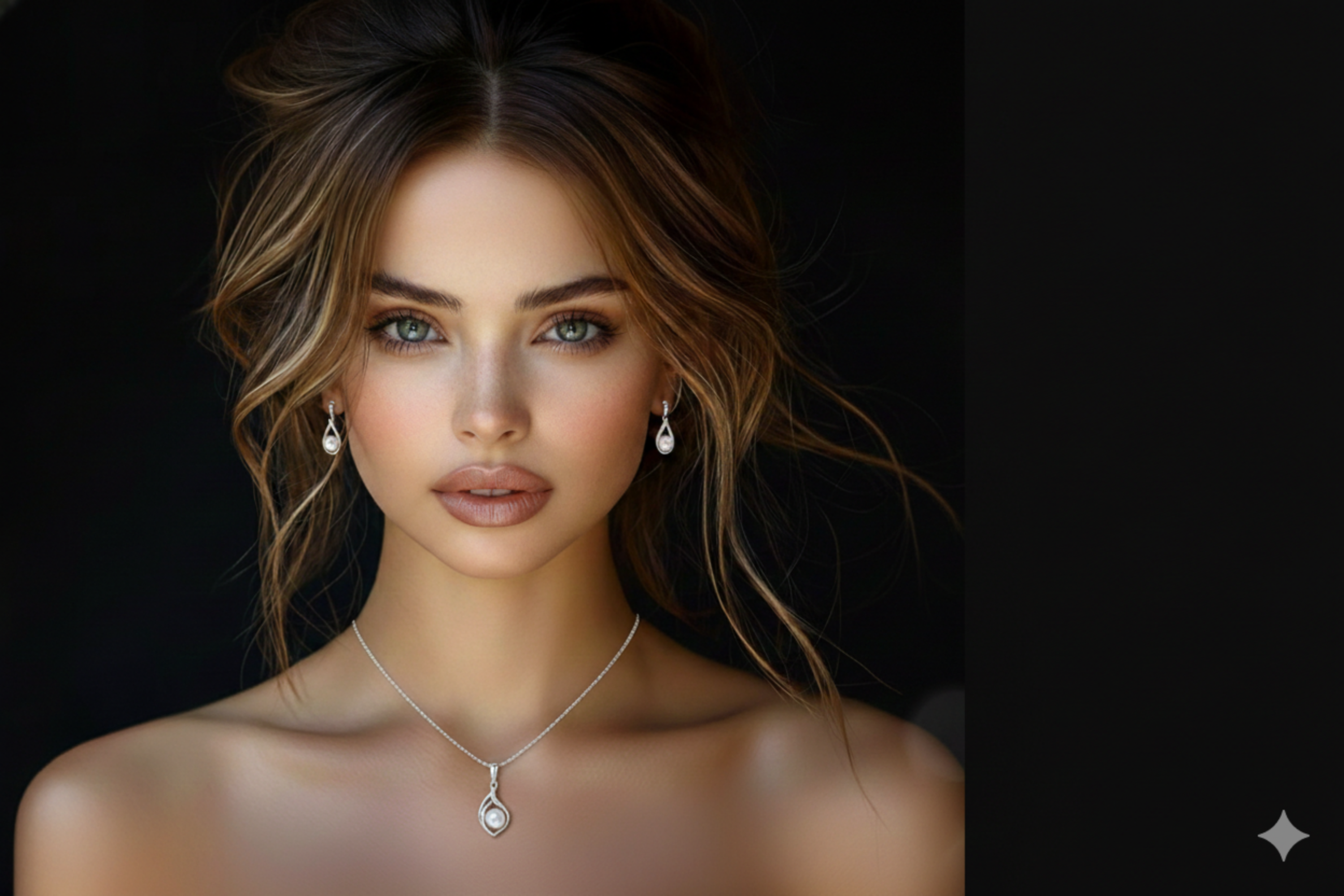 Woman wearing a necklace and earrings against a dark background
